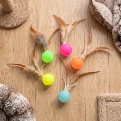Balle avec plume chat : assortiment de cinq balles colorées à plumes sur un parquet
