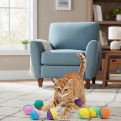 Balle mousse chat : un chat roux joue avec un assortiment multicolore sur un tapis