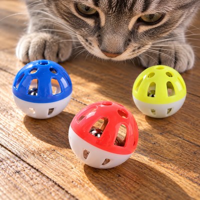 Balles grêlot chat rouge, bleue et jaune en gros plan avec leurs ouvertures ajourées et un grelot visible