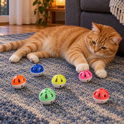 Chat roux allongé jouant avec un lot de six balles grêlot chat multicolores sur un tapis