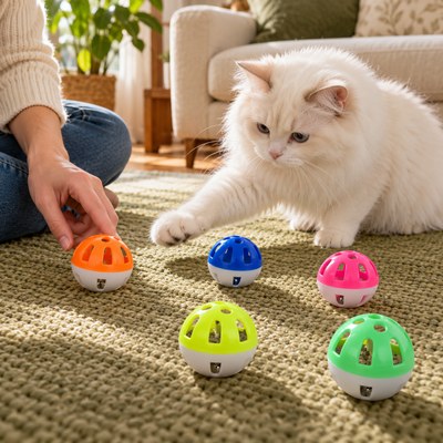 Personne jouant avec un chat blanc et plusieurs balles grêlot chat multicolores dans un salon
