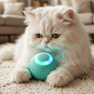 Balle automatique chat turquoise lumineuse entre les pattes d’un chat à poils longs sur un tapis