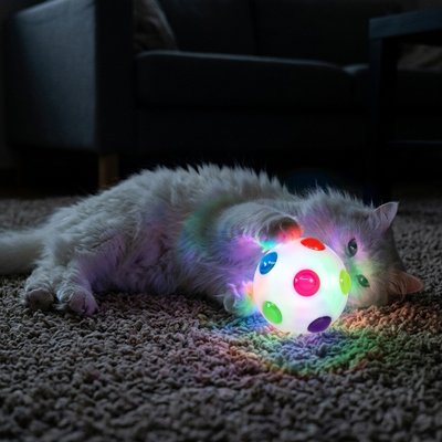 Balle lumineuse chat blanche à lumières multicolores près d’un chat allongé sur un tapis