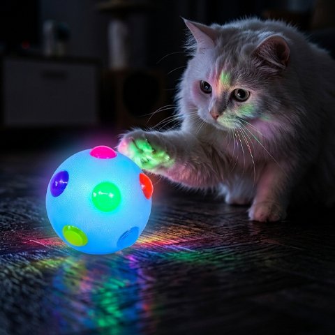 Balle lumineuse chat bleue touchée par un chat à poils longs dans une pièce sombre