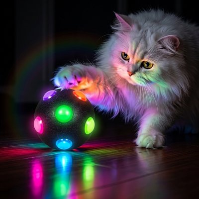 Balle lumineuse chat noire à LED multicolores sous la patte d’un chat à poils longs