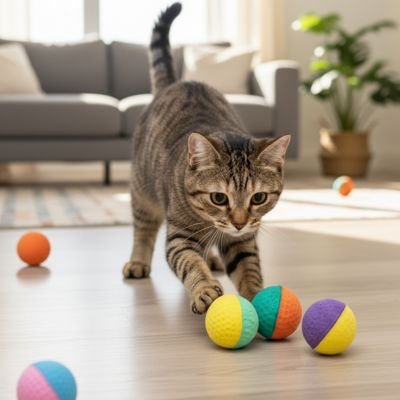 Balle mousse chat bicolore poussée par un chat tigré parmi plusieurs balles sur un sol clair