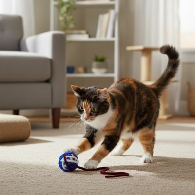 Balle en laine pour chat bleue avec corde, poussée par un chat tricolore sur un tapis