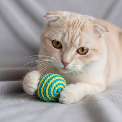 Balle sisal chat jaune et bleue entre les pattes d’un chat crème sur un canapé gris