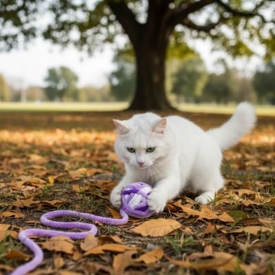 Balle en laine pour chat violette avec corde, entre les pattes d’un chat blanc dans les feuilles