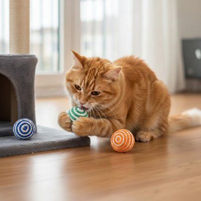 Balle sisal chat verte et blanche mordillée par un chat roux près de balles bleue et orange