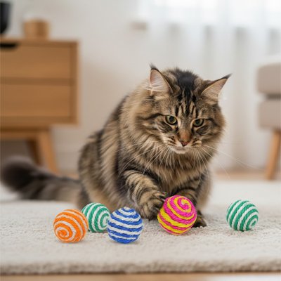 Balle sisal chat en plusieurs couleurs devant un chat tigré sur un tapis