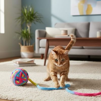 Balle en laine pour chat multicolore avec long fil, devant un chat roux dans le salon