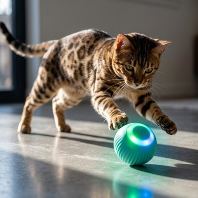 Balle automatique chat turquoise lumineuse poursuivie par un chat au pelage tacheté