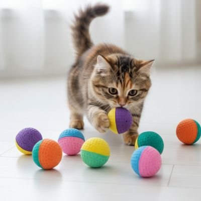 Balle mousse chat jaune et violette soulevée par un chat tigré parmi plusieurs balles