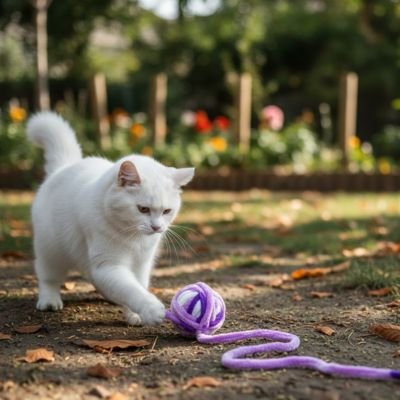 Balle en laine pour chat violette avec long fil, poussée par un chat blanc dans le jardin
