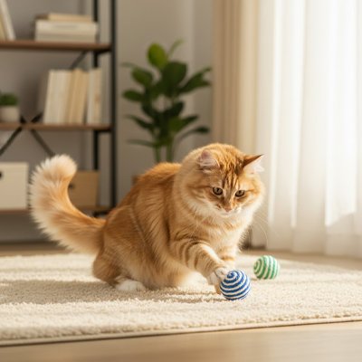 Balle sisal chat bleue et blanche poussée par un chat roux sur un tapis beige