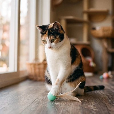 Balle avec plume chat turquoise sous la patte d’un chat tricolore près d’une fenêtre