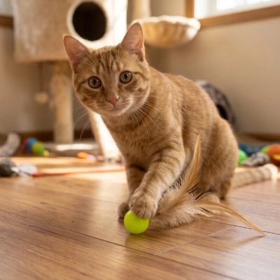 Balle avec plume chat jaune sous la patte d’un chat roux sur un parquet