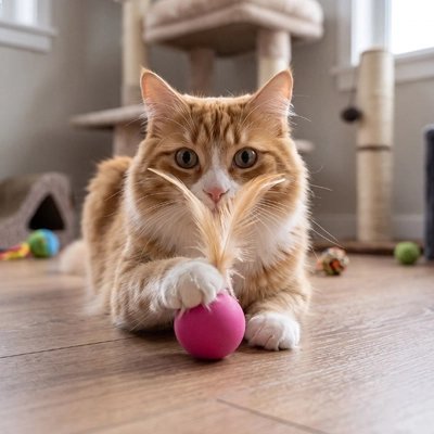 Balle avec plume chat rose sous la patte d’un chat roux et blanc vu de face
